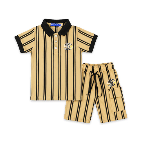 Boys Suit Shorts and Polo Shirt Sage Green Striped