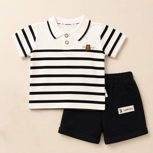 Boys Tipped Stripe Polo Shirt & Shorts Suit White Black