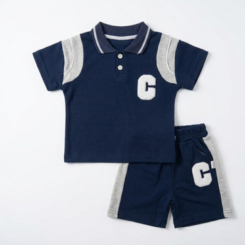 Boys Varsity Letter Polo Shirt & Shorts Suit Navy