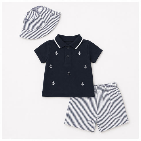 Boys Outfit White Navy Anchors Stripes Polo Shirt Hat & Shorts