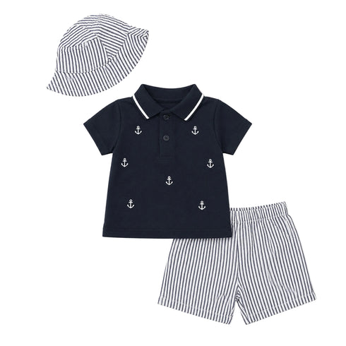 Boys Outfit White Navy Anchors Stripes Polo Shirt Hat & Shorts