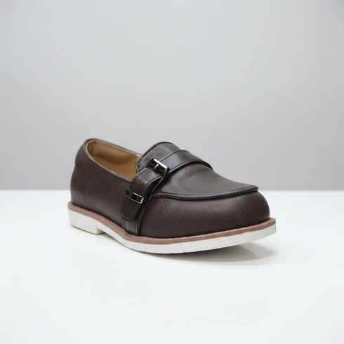 Brown Textured Buckle Loafers Boys Shoes