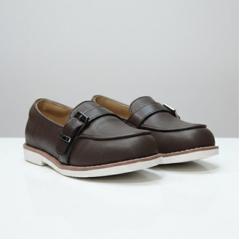Brown Textured Buckle Loafers Boys Shoes