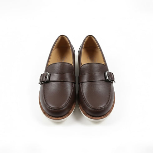 Brown Textured Buckle Loafers Boys Shoes
