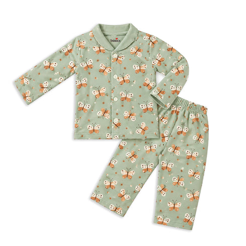 Basics Cotton Butterfly Baby Night Suits Green PJ Set 0–6 Years