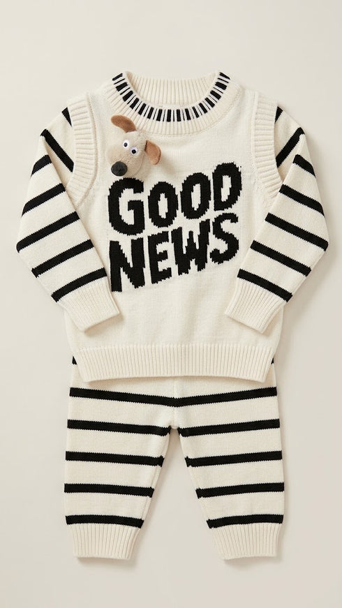 Woolen Cream Striped Baby Boys Dresses Sweater and Trouser Set 0-24M