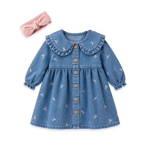 Ruffled Denim Floral Baby Girl Frocks With Tights & Headband 0-18M