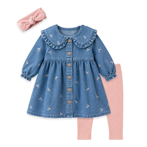 Ruffled Denim Floral Baby Girl Frocks With Tights & Headband 0-18M