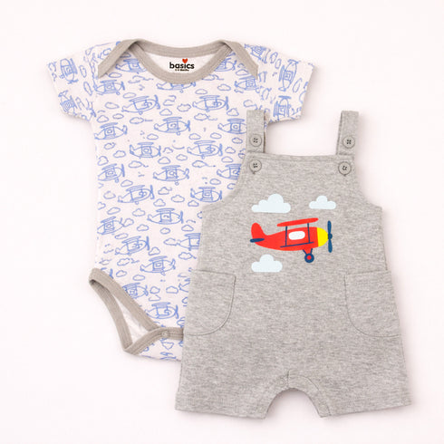 Dungaree Suit with Bodysuit Grey & White Plane