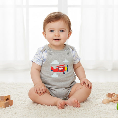 Dungaree Suit with Bodysuit Grey & White Plane