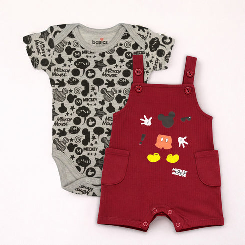 Dungaree Suit with Bodysuit Maroon & Grey Mickey