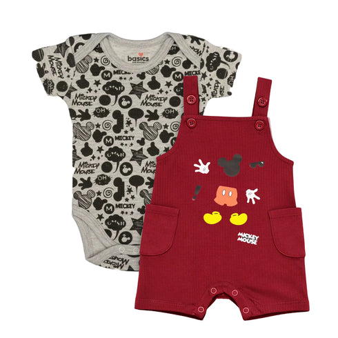 Dungaree Suit with Bodysuit Maroon & Grey Mickey