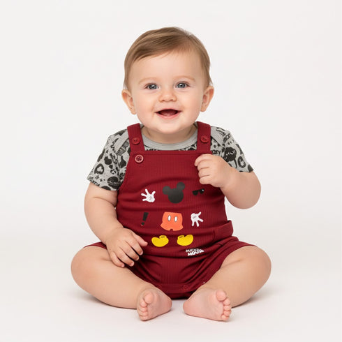 Dungaree Suit with Bodysuit Maroon & Grey Mickey
