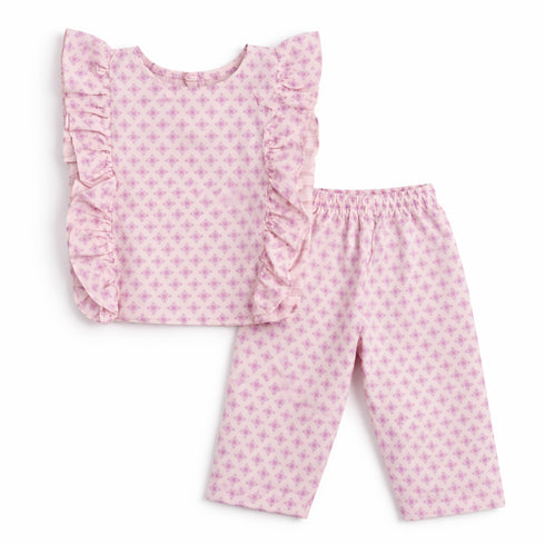 Eastern Wear Co Ord Set Top and Trouser White and Purple Printed