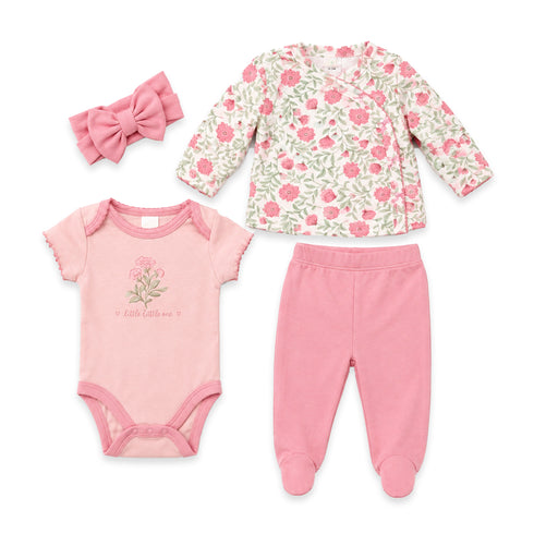 Pink White Floral Baby Girl Suits Set Shirt With Bodysuit Headband & Feet Covered Trouser 0-9M