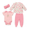 Pink White Floral Baby Girl Suits Set Shirt With Bodysuit Headband & Feet Covered Trouser 0-9M
