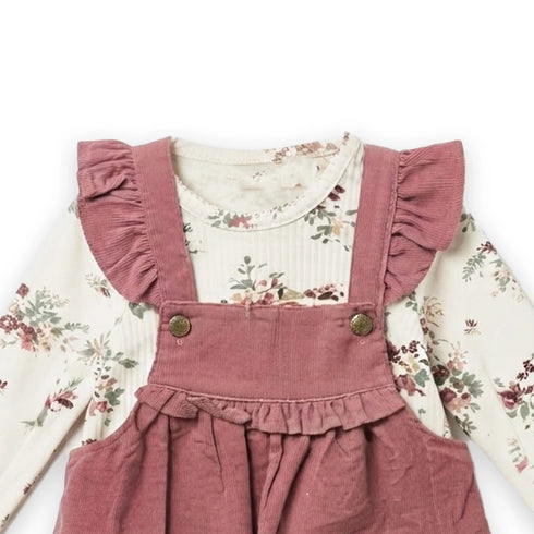 Floral Pocket Corduroy Girl Dresse Set Tshirt With Dangri Style Frock 1-4Y