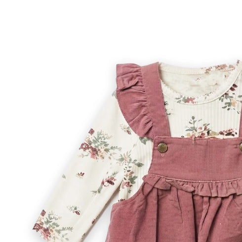 Floral Pocket Corduroy Girl Dresse Set Tshirt With Dangri Style Frock 1-4Y