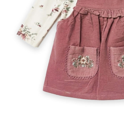 Floral Pocket Corduroy Girl Dresse Set Tshirt With Dangri Style Frock 1-4Y