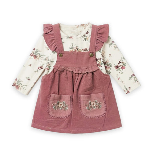 Floral Pocket Corduroy Girl Dresse Set Tshirt With Dangri Style Frock 1-4Y
