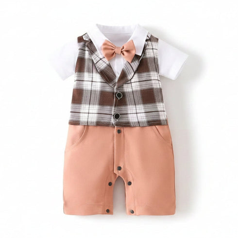 Formal Romper Brown White Checks Attached Waistcoat Style