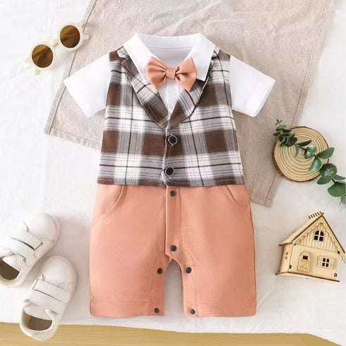 Formal Romper Brown White Checks Attached Waistcoat Style