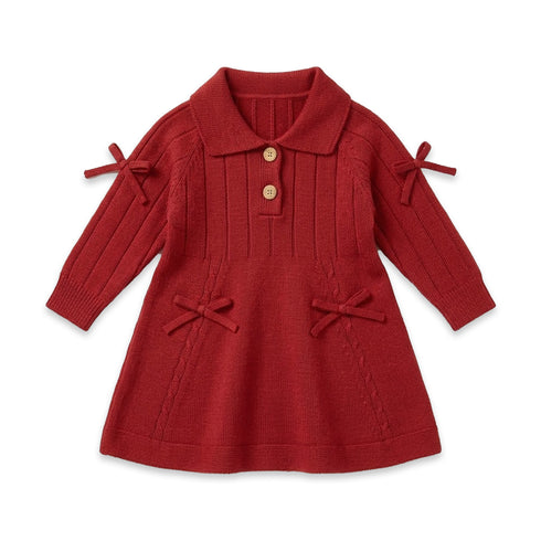 Woolen Burgundy Bowknot Baby Girl Frocks