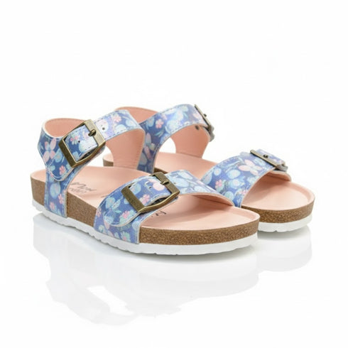 Girls Blue Two-Strap Slide Sandal Butterfly Floral Print