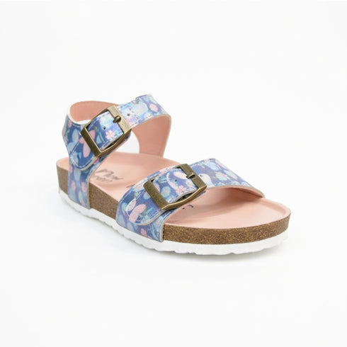 Girls Blue Two-Strap Slide Sandal Butterfly Floral Print