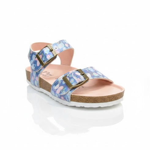 Girls Blue Two-Strap Slide Sandal Butterfly Floral Print