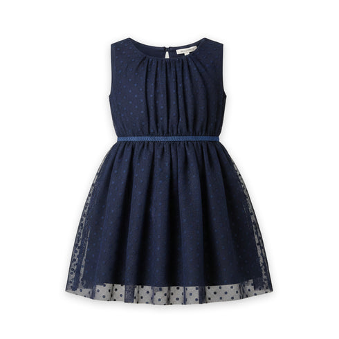 Girls Casual & Party Wear Frock Navy Blue Emb Net