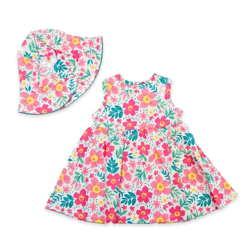 Girls Cotton Frock with Summer Hat Pink Floral Printed