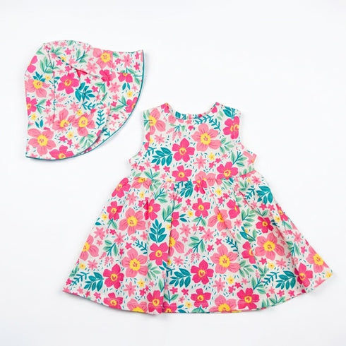 Girls Cotton Frock with Summer Hat Pink Floral Printed