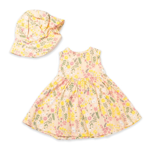 Girls Cotton Frock with Summer Hat Peach Floral Printed