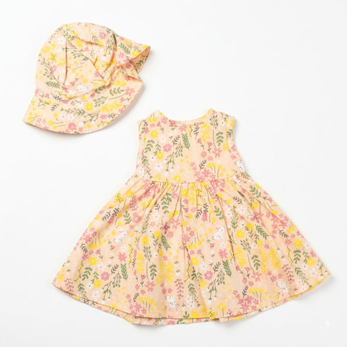 Girls Cotton Frock with Summer Hat Peach Floral Printed