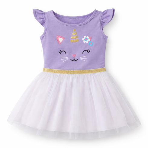 Girls Cotton & Net Frock Purple Unicorn