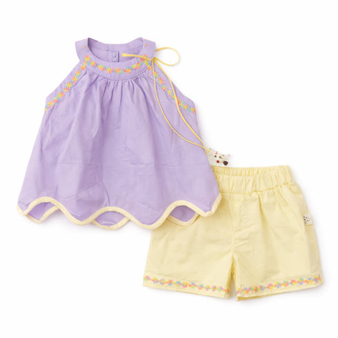 Top & Shorts Suit Purple White Floral