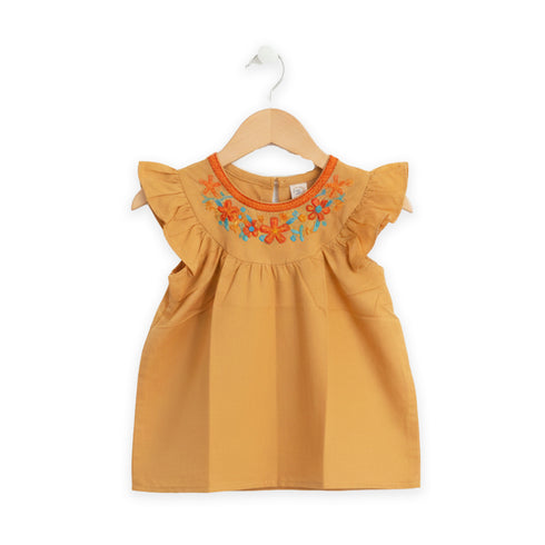 Girls Eastern Dress Cotton Top Beige Floral Embroidered