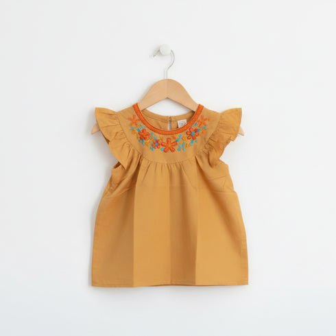 Girls Eastern Dress Cotton Top Beige Floral Embroidered