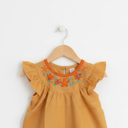 Girls Eastern Dress Cotton Top Beige Floral Embroidered