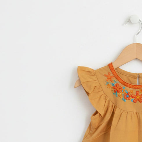Girls Eastern Dress Cotton Top Beige Floral Embroidered