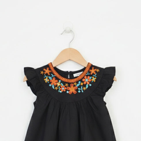 Girls Eastern Dress Cotton Top Black Floral Embroidered