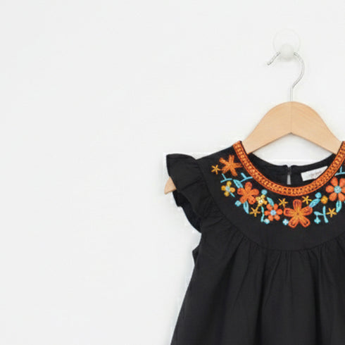 Girls Eastern Dress Cotton Top Black Floral Embroidered