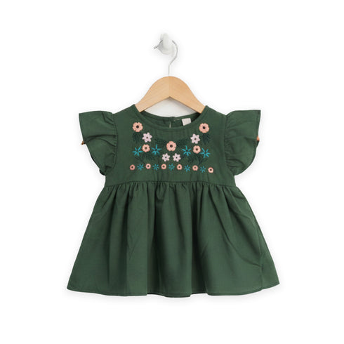 Girls Eastern Dress Cotton Top Green Floral Embroidered