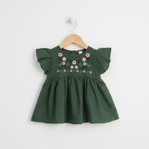 Girls Eastern Dress Cotton Top Green Floral Embroidered