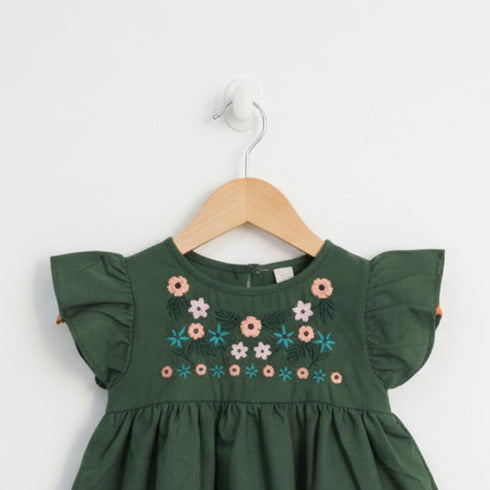 Girls Eastern Dress Cotton Top Green Floral Embroidered