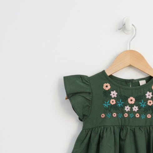 Girls Eastern Dress Cotton Top Green Floral Embroidered