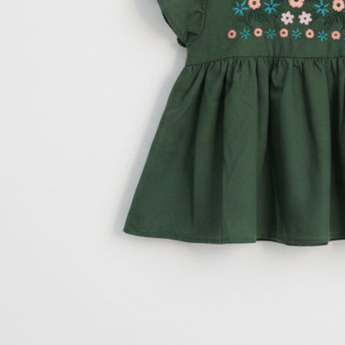Girls Eastern Dress Cotton Top Green Floral Embroidered