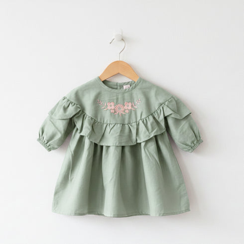 Girls Eastern Dress Cotton Top Light Green Floral Embroidered