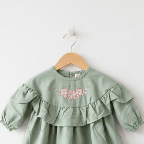Girls Eastern Dress Cotton Top Light Green Floral Embroidered